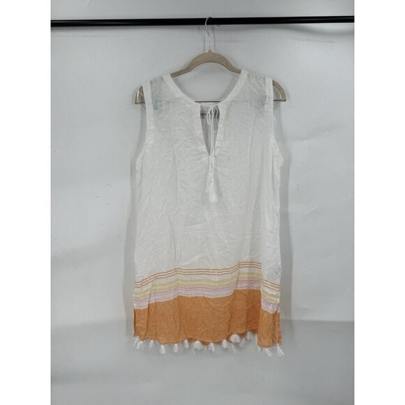 Rachel Zoe Top Women Small White Linen Blend Beach Coastal Swim Cover Tassel - Picture 1 of 10